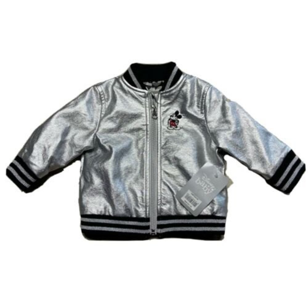 Mickey Mouse 3-6 Months Grayscale Silver Faux Leather Bomber Jacket Size NWT